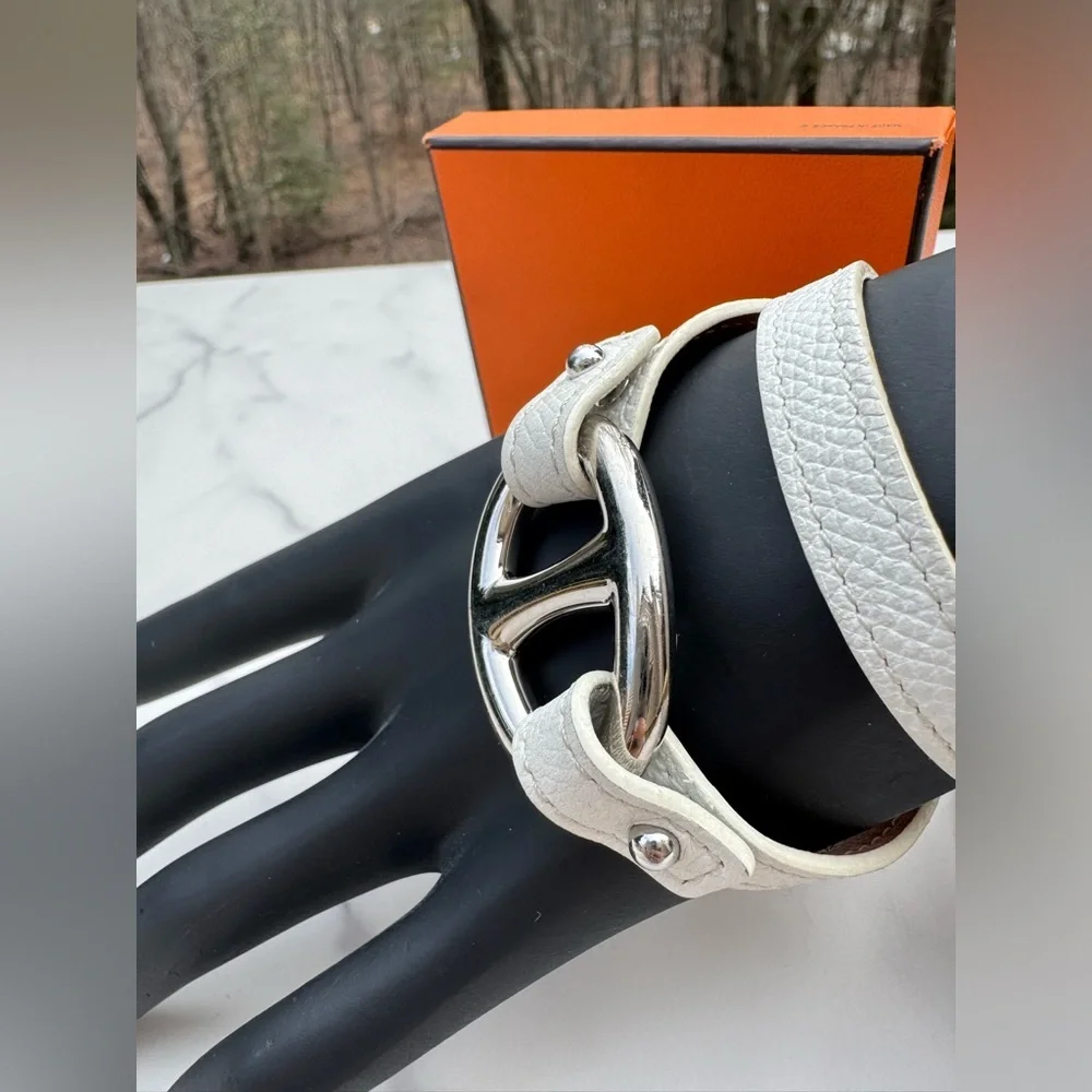 HERMES Granville Double Tour White Leather Bracelet Silver Small